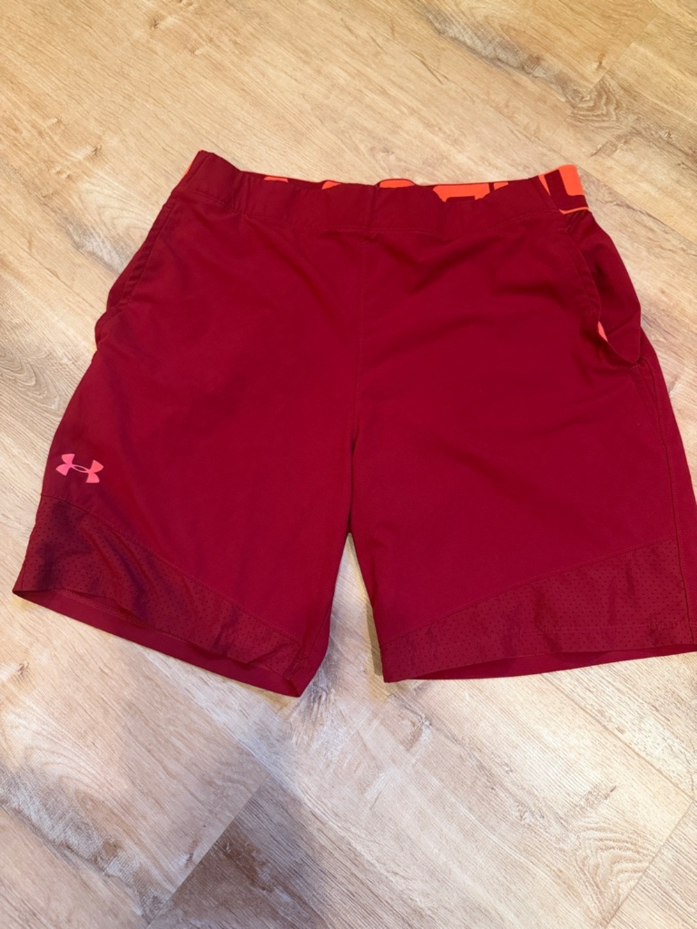 Under Armour Deep Red Performance Shorts with Coral Accents